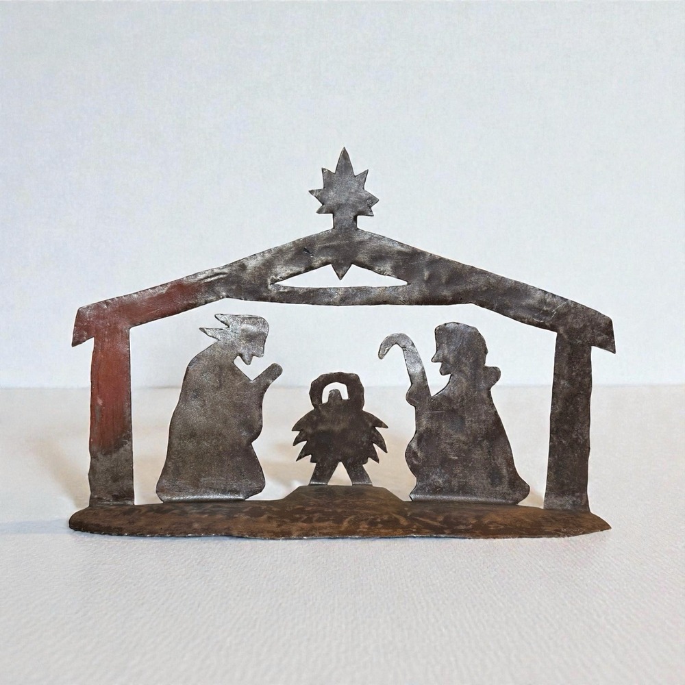 Handcrafted Haitian Iron Nativity Scene Recycled Oil Drum Folk Art VTG Brutalist